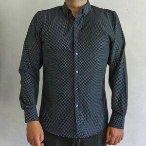 Monument Fitted Long Sleeve‎ Button Up Shirt Geometric Pattern Blue Size Medium